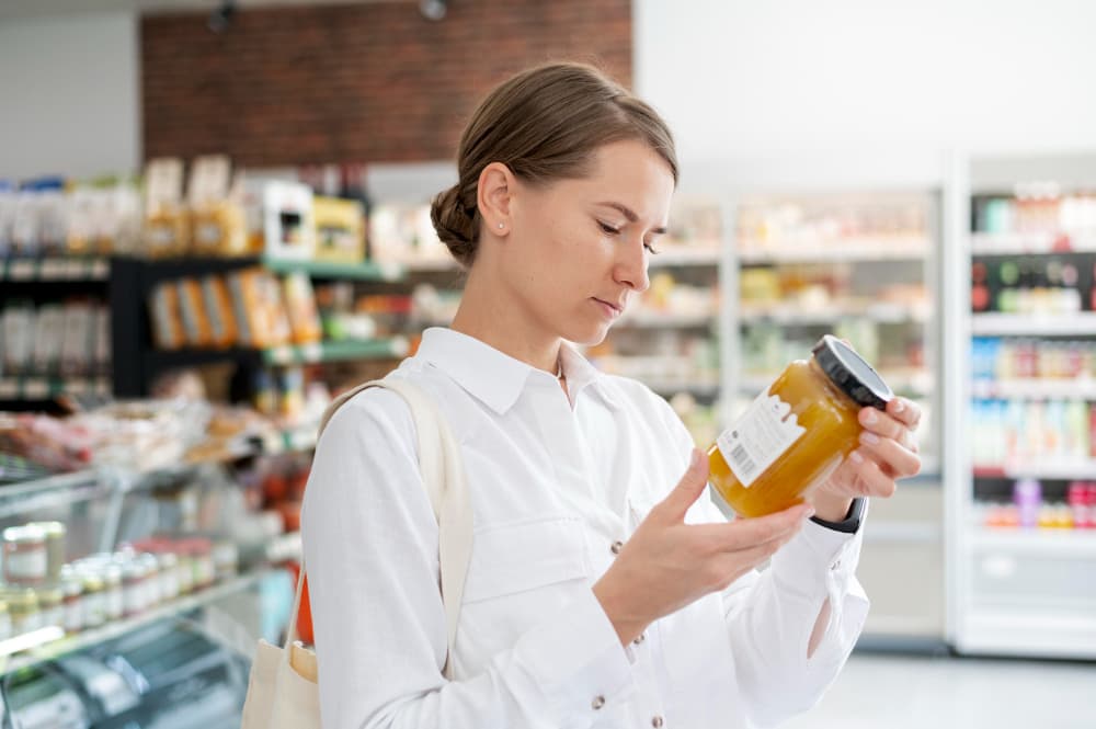 Femme à chemise blanche examinant un pot de confiture ou miel dans un magasin moderne, rayons de produits alimentaires en arrière-plan, concept de consommation responsable et respect de l’image de marque.